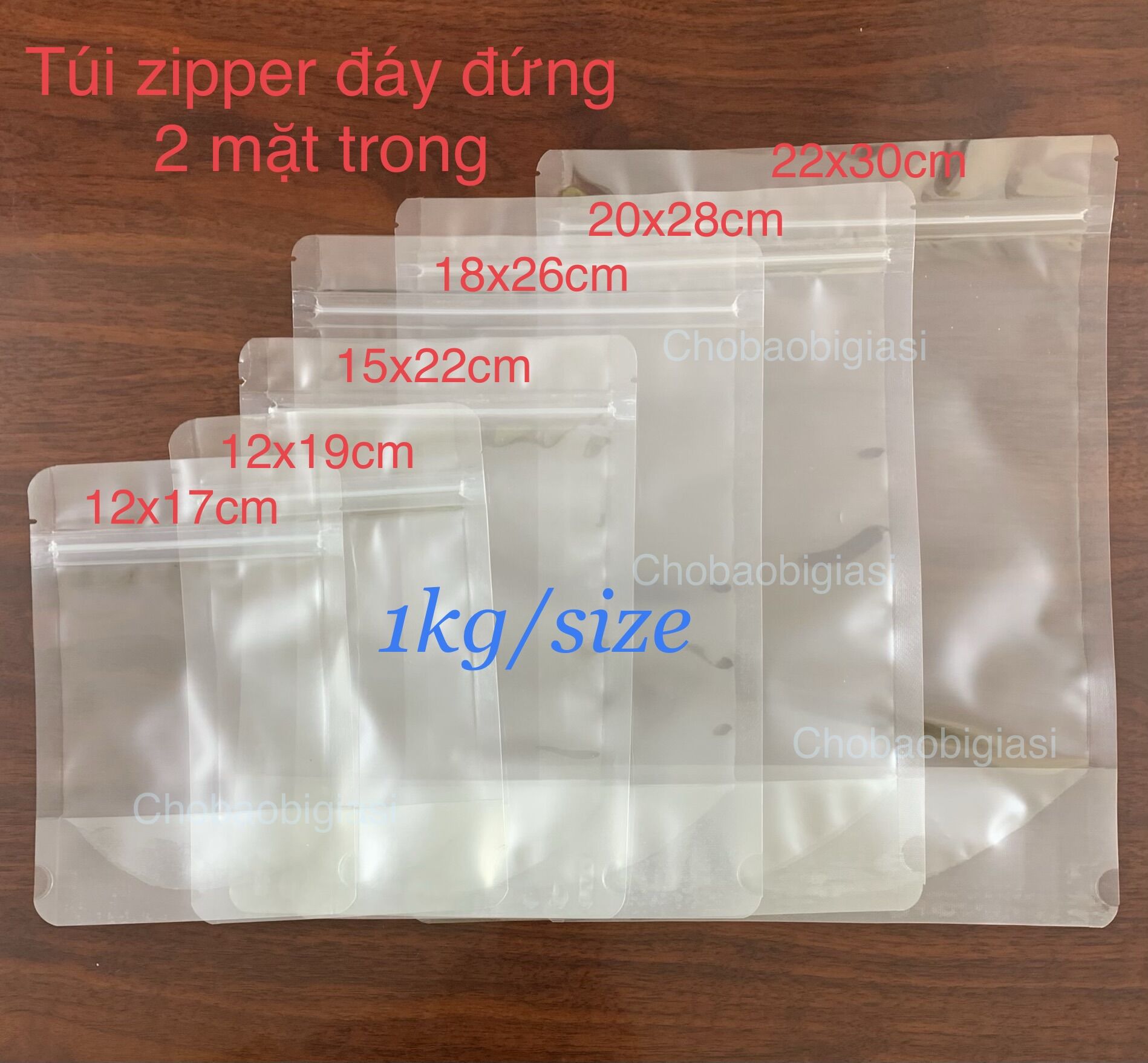 Túi zipper đáy đứng 2 mặt trong hàng đẹp - đủ size
