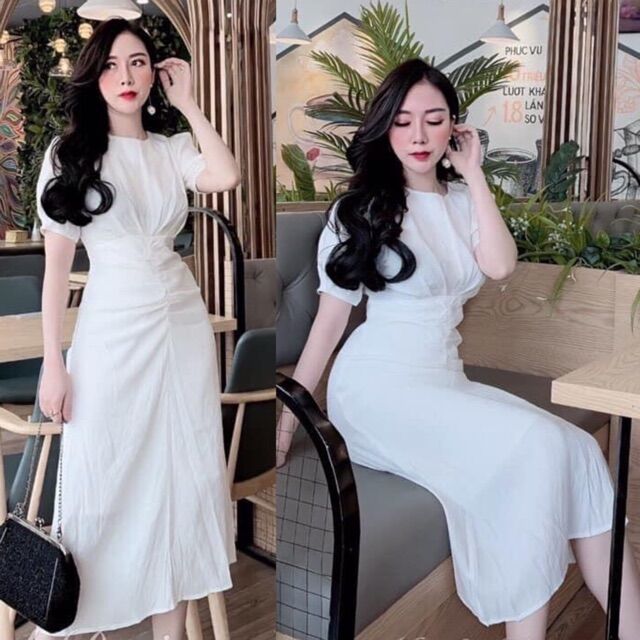 Đầm trắng MiDi Nhíu Eo Tay Phồng