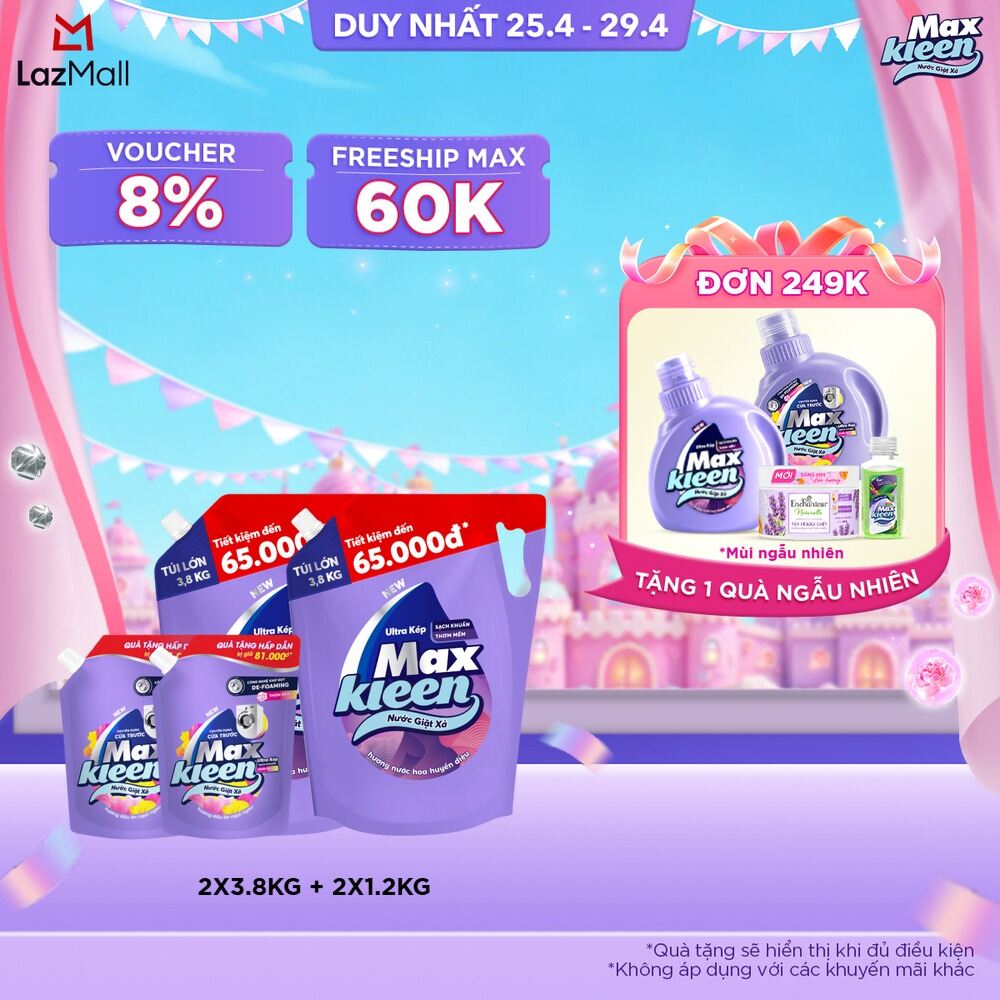 [Tặng kèm 2 túi nước giặt xả 1kg2 ngẫu nhiên] Combo 2 túi Nước giặt xả cho máy giặt MaxKleen hương Hoa nắng/ Huyền Diệu/ Vườn sớm mai 3.8kg