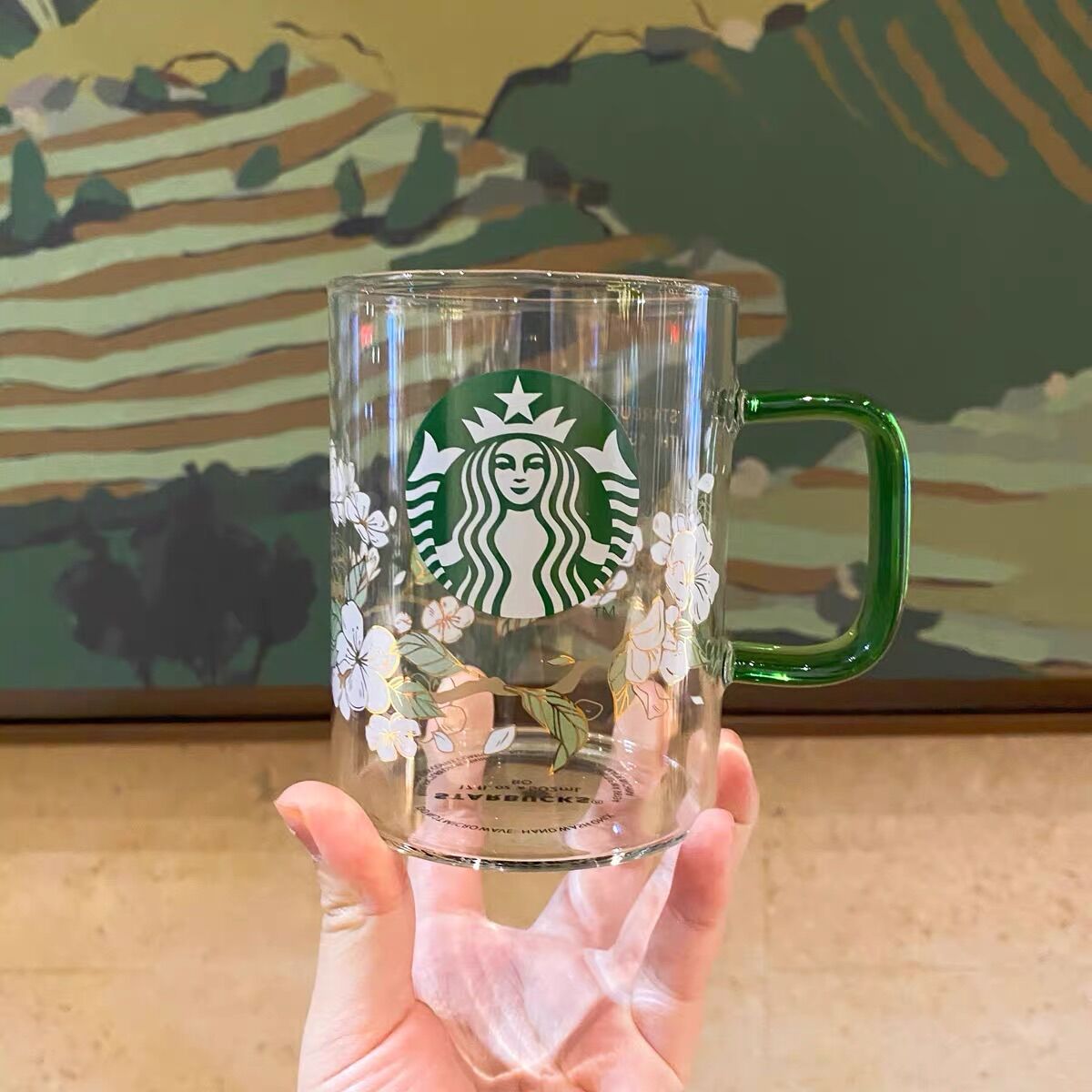 Ly cốc STARBUCKS thuỷ tinh Korea 2020 họa tiết hoa dung tích 500ml