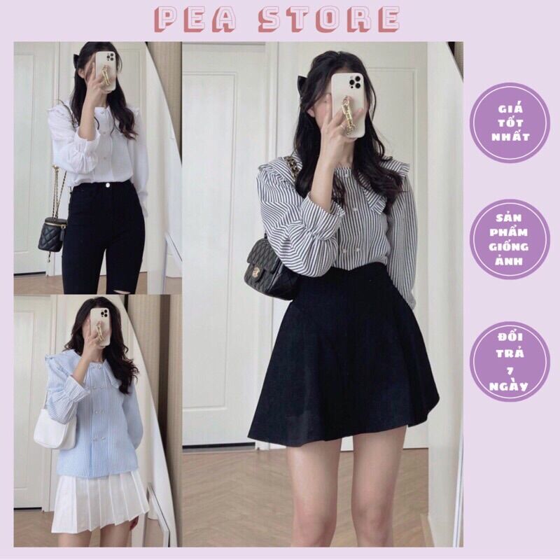 Áo sơ mi kẻ cổ bèo cúc bọc tiểu thư - Áo sơ mi nữ cổ cánh tiên cúc ngọc tay bồng PeaStore