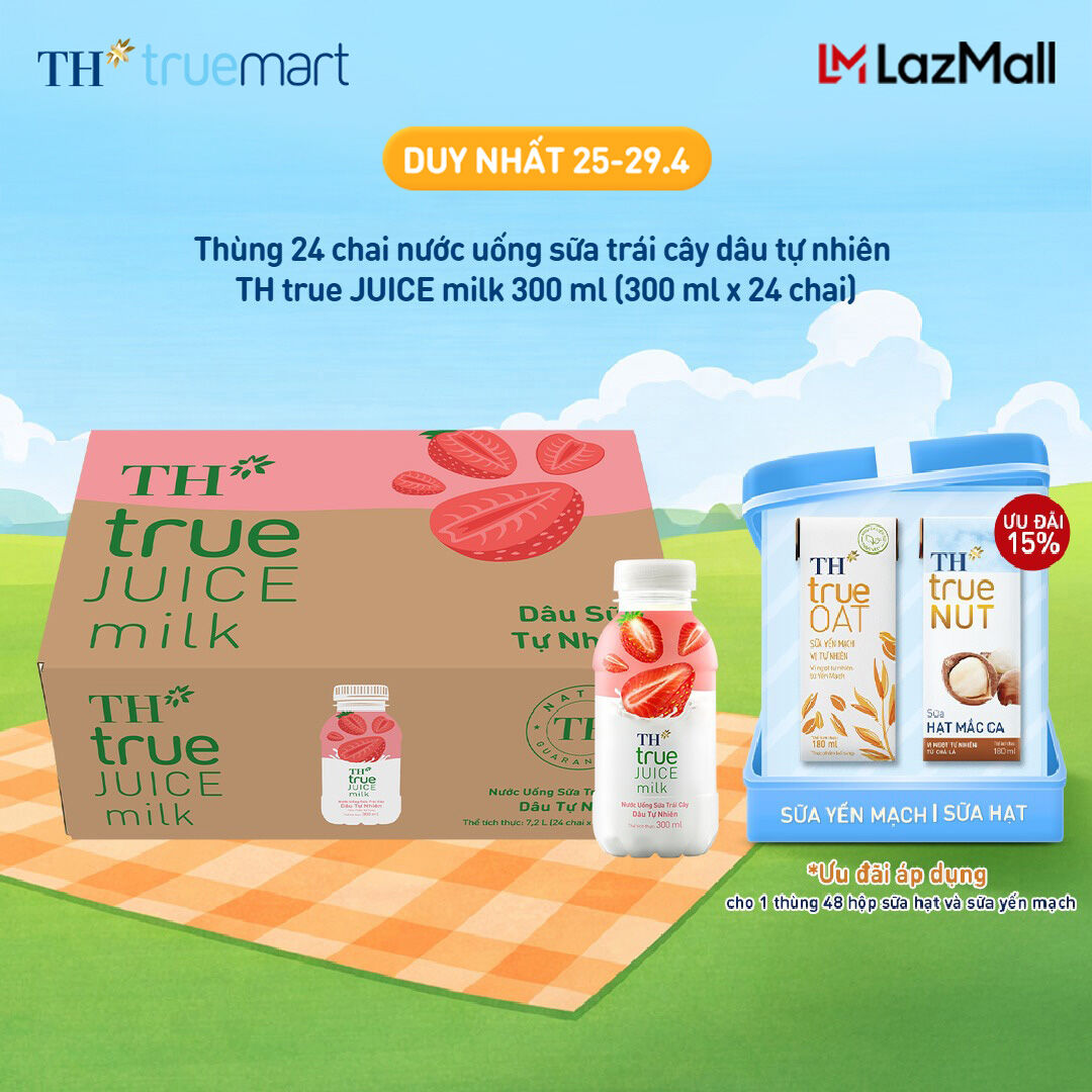 Thùng 24 chai nước uống sữa trái cây TH true JUICE milk dâu tự nhiên 300 ml (300 ml x 24)