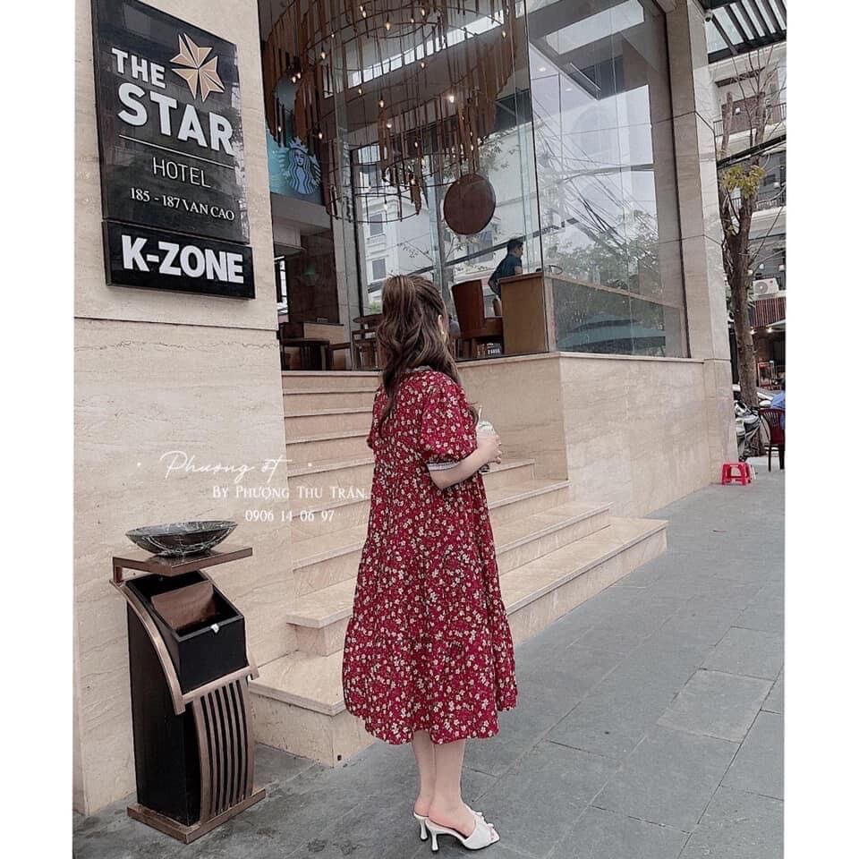 Đầm bầu hoa đỏ diện tết dễ thương