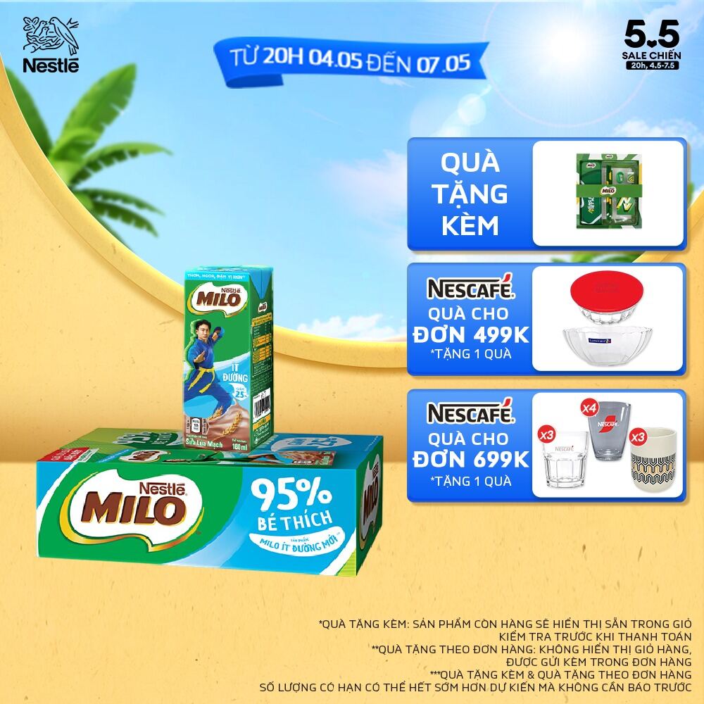 [ƯU ĐÃI THÁNG 4] [Giao hàng toàn quốc] Sữa lúa mạch Nestlé® MILO® ít đường thùng 48 hộp x 180ml (12x