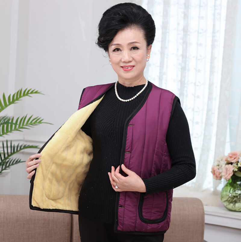 Áo Vest Lót Lông Cừu Dày Ấm Áp Cho Phụ Nữ Lớn Tuổi Mùa Thu Đông Áo Khoác Ngoài Cổ Chữ V Dài Ngắn Có Khóa Cài