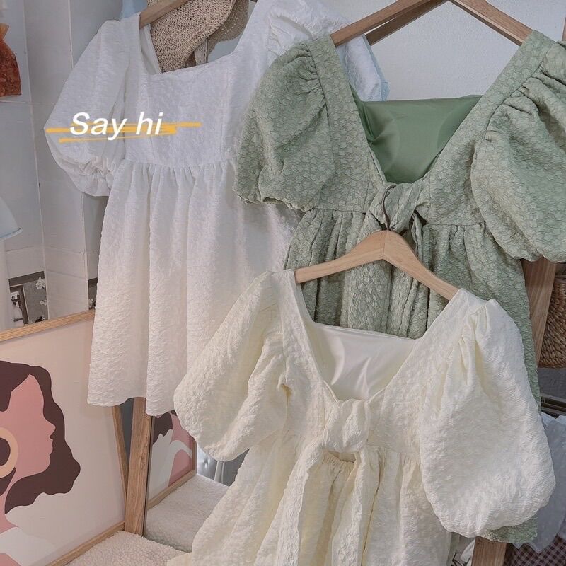 ĐẦM BBD GẤM XỐP NƠ LƯNG TAY PHỒNG
