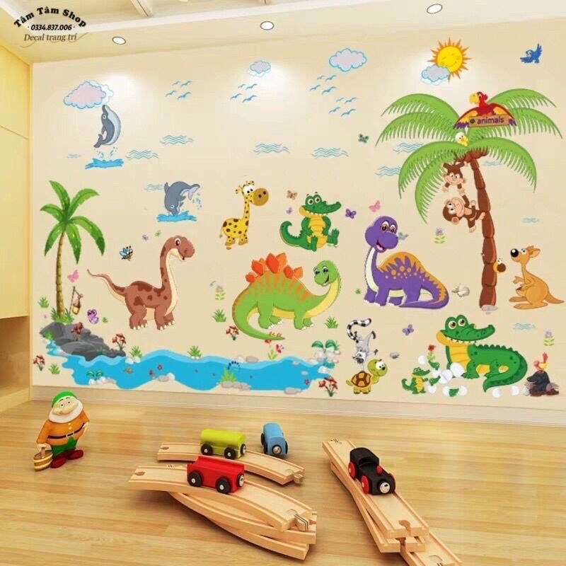 Combo 2 tranh decal dán tường cho bé khủng long và thú