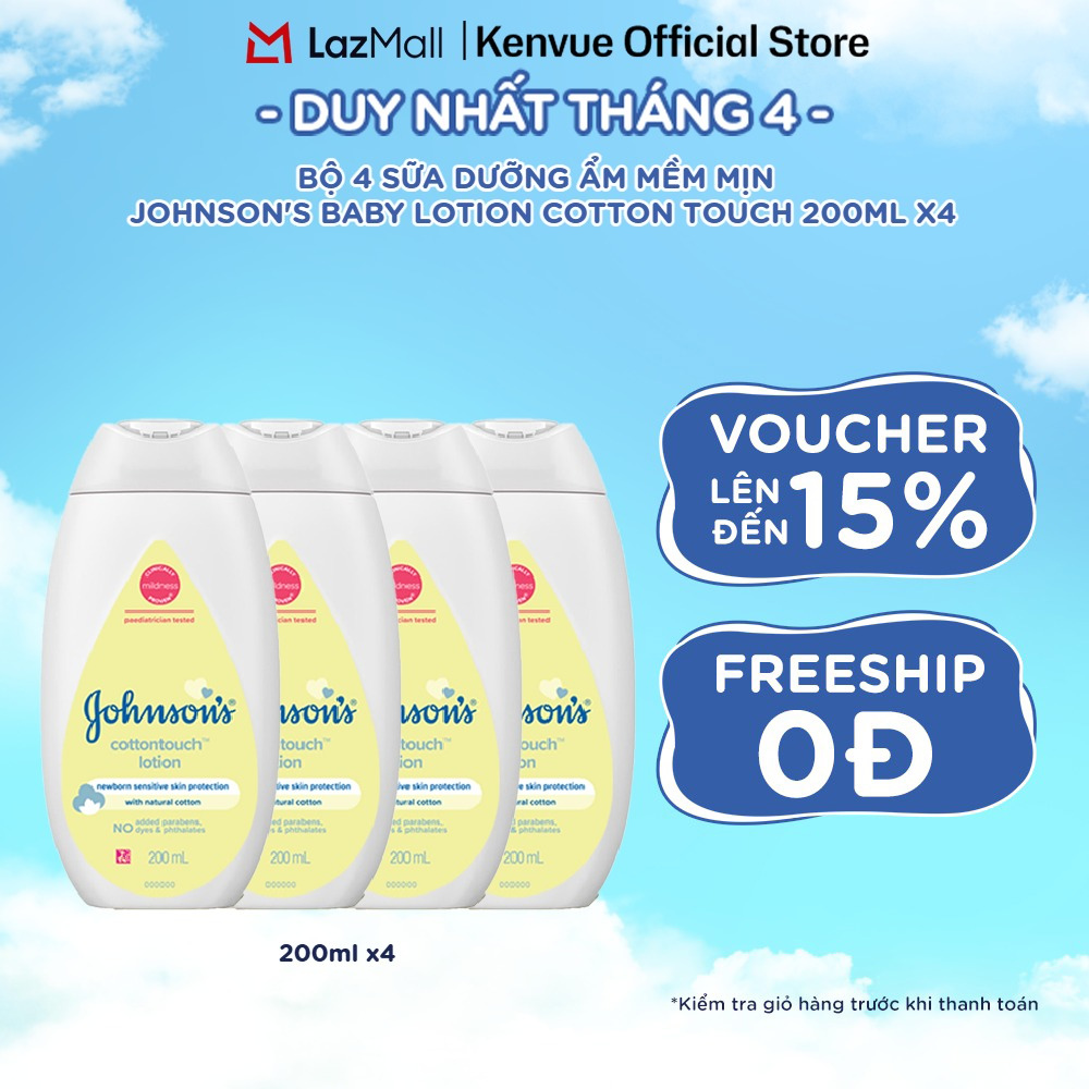 Combo 4 sữa dưỡng ẩm mềm mịn Johnson's baby cotton touch 200ml