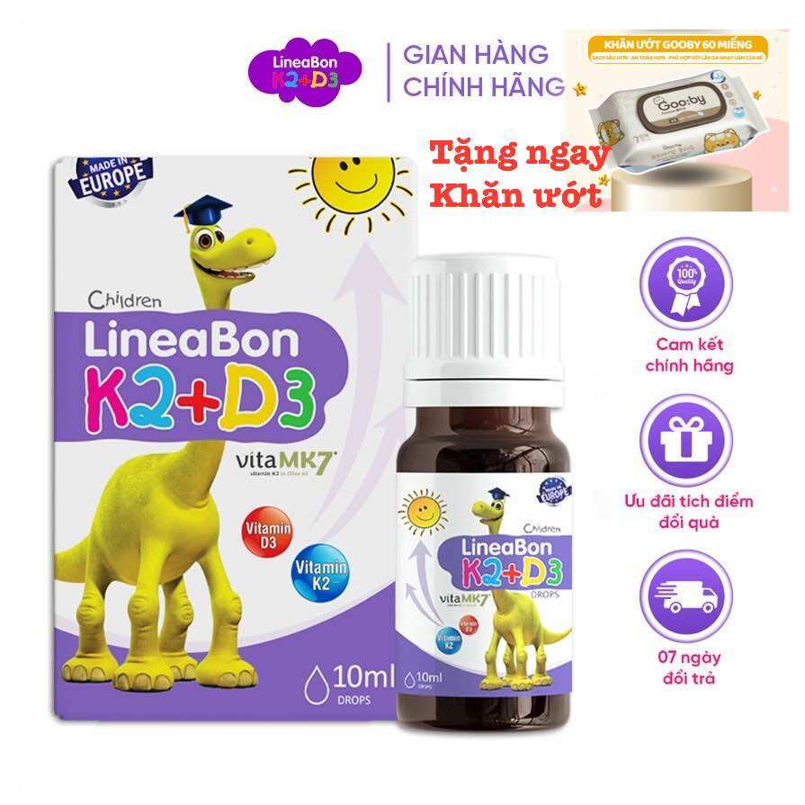 Vitamin D3K2 Lineabon, Tặng kèm khăn ướt agi, gooby
