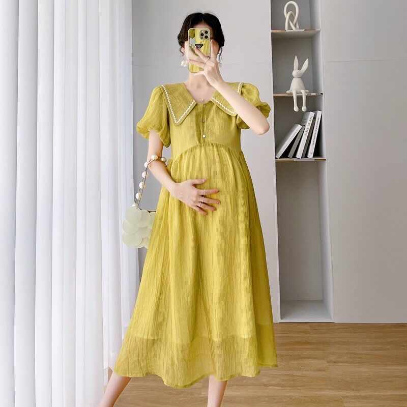 Đầm bầu công sở voan tơ nhăn thời trang trang