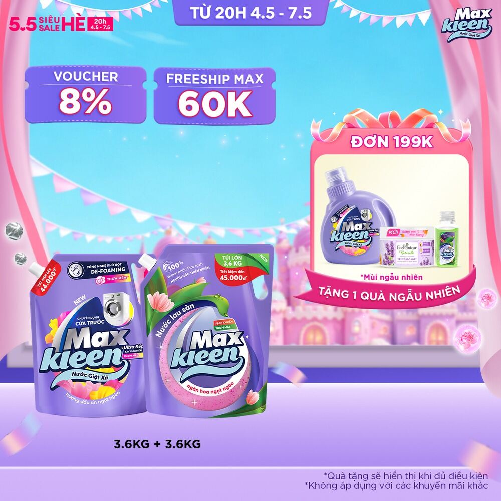 Combo Túi nước giặt xả cửa trước hương Dấu ấn ngọt ngào 3.6kg + Túi lau sàn 3.6kg