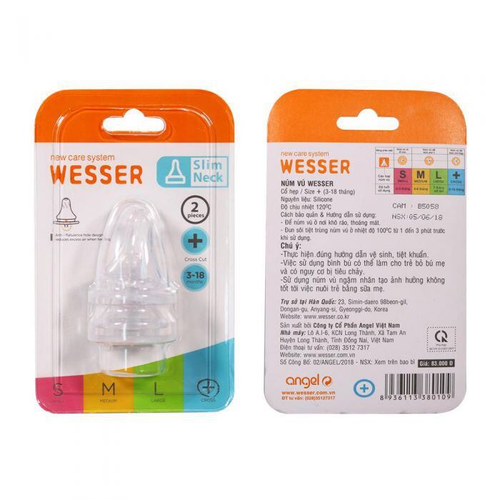 Vỉ 2 núm ty Wesser thay thế bình sữa cổ hẹp