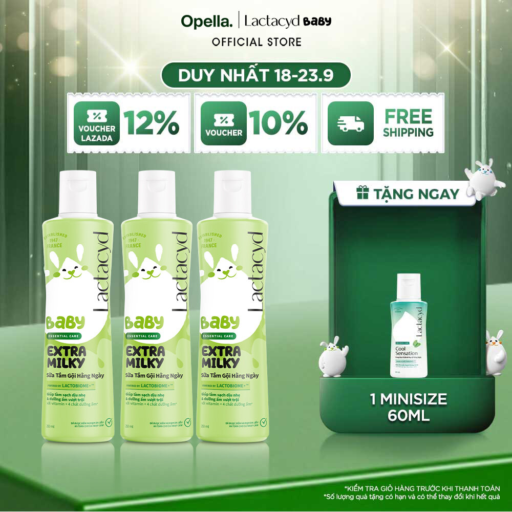 Bộ 3 chai Sữa Tắm Gội Trẻ Em Lactacyd Baby Extra Milky Làm Sạch Dịu Nhẹ và Dưỡng Ẩm Vượt Trội 250ml/chai