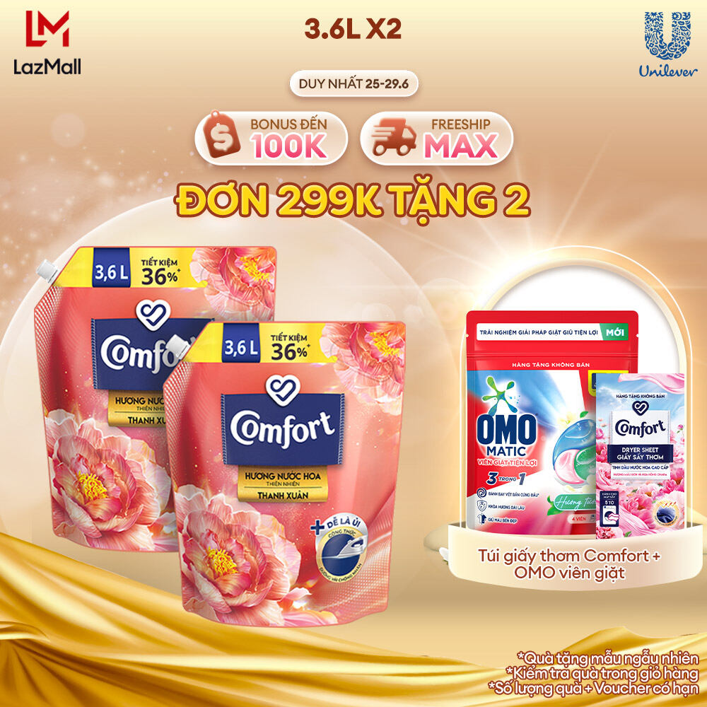 Combo 2 Nước xả làm mềm vải & giảm nhăn Comfort Đậm Đặc Hương Hoa Thiên Nhiên Thanh Xuân 3.6L