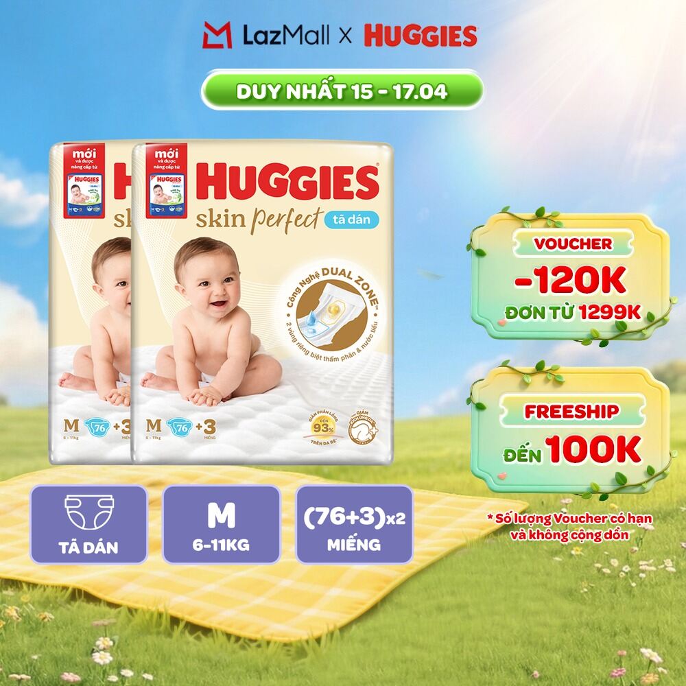 Combo 2 Tã/bỉm dánHuggies Skincare Super Jumbo M76+3/L68/XL60/XXL54