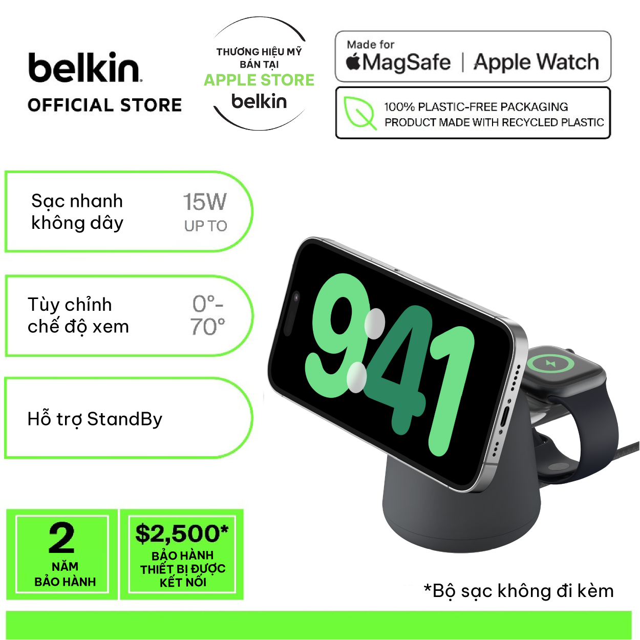 Đế sạc không dây 2 trong 1 Belkin BoostCharge Pro Magsafe 15W - không kèm sạc