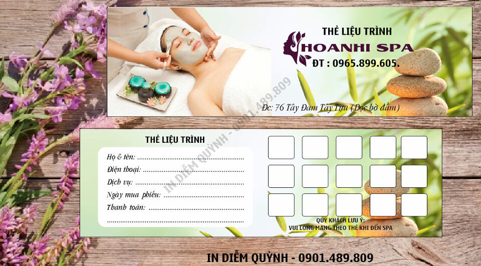 100 thẻ liệu trình spa, theo mẫu.