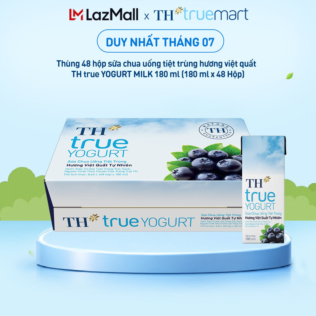 Thùng 48 hộp sữa chua uống tiệt trùng TH true YOGURT hương việt quất tự nhiên 180 ml (180 ml x 48)