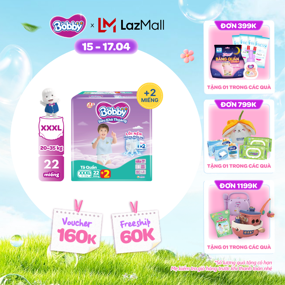 [CHỈ 18-24.04 QT Đơn 899K/1199K][Số miếng tặng thay đổi tùy đợt nhập hàng] Tã/bỉm quần Bobby 3mm Jumbo Gạo non Giảm nhiệt XXXL22