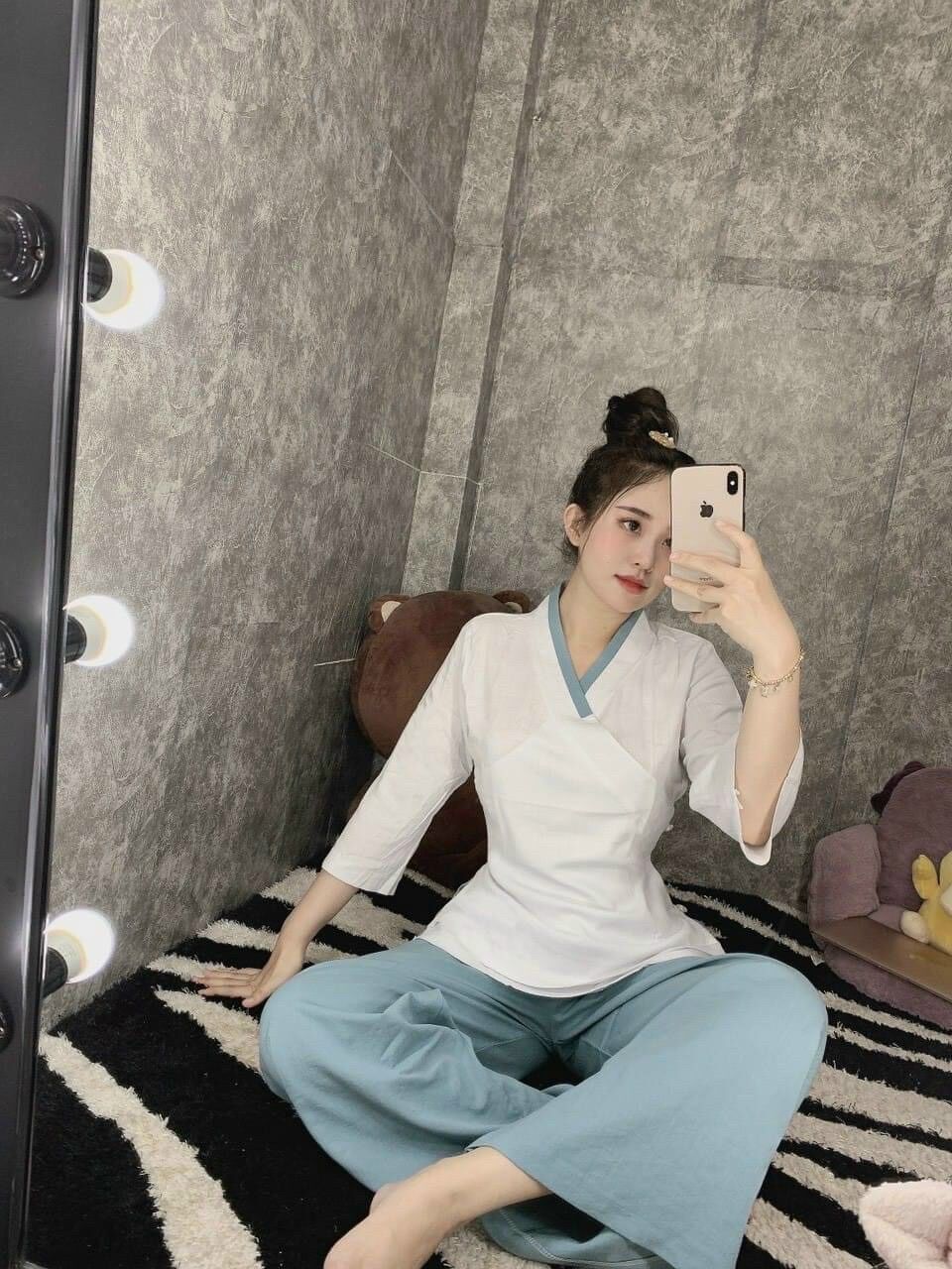 Đồ lam đi chùa nữ cao cấp 2 lớp linen