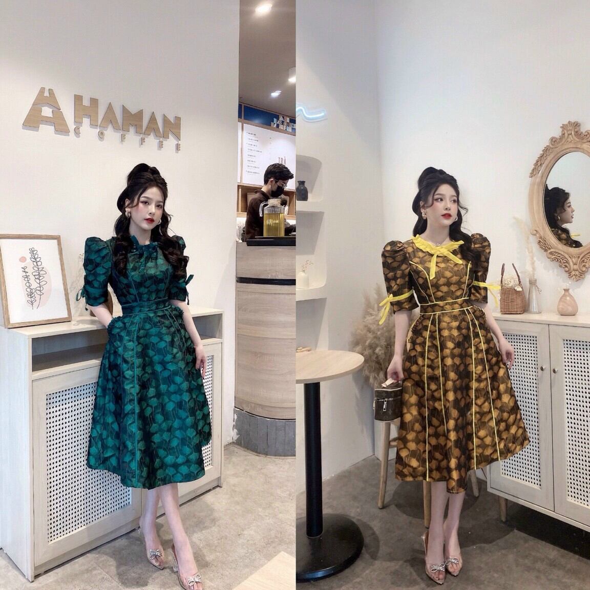 Đầm xòe gấm tay phồng cao cấp chuẩn xin