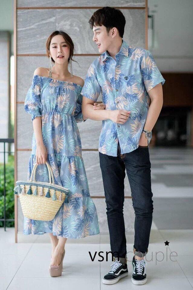 Set áo váy đôi hoa trễ vai, đồ đôi nam nữ đi biển du lịch
