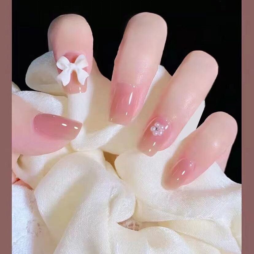 Tặng keo + dũa Bộ 24 móng tay giả đính đá nơ siêu xinh