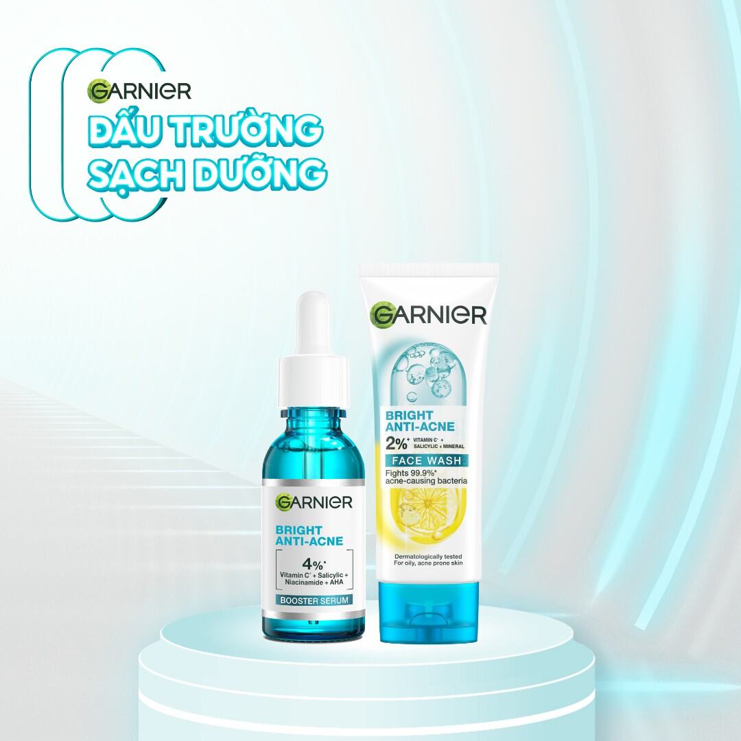 Bộ sản phẩm làm sạch, giảm mụn, dưỡng sáng da Garnier Anti-Acne Serum 30ml & Sữa rửa mặt 3-trong-1 100ml