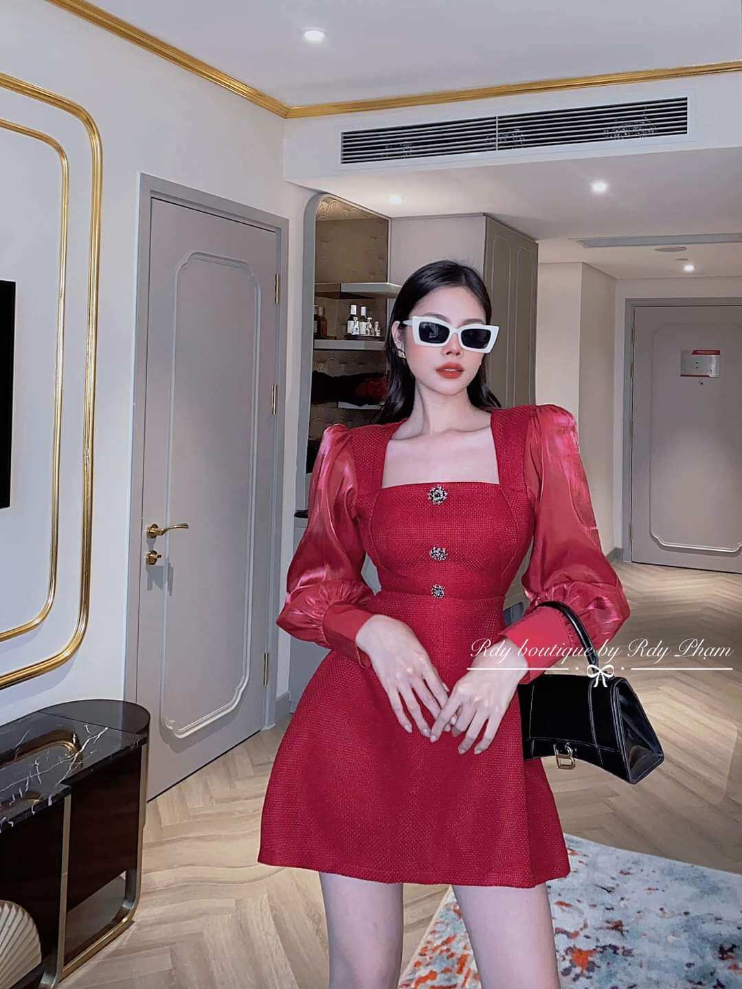 Đầm chữ A tay phồng phối voan siêu sang (kèm ảnh chụp thật,)