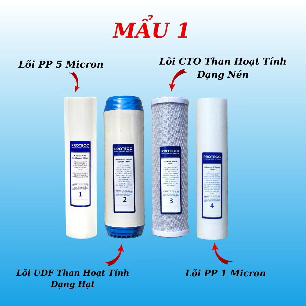 Bộ 4 Lõi Lọc Thô 1,2,3,4 PROTECC 10 Inch Chính Hãng - Thay Thế Cho Mọi Dòng Máy Lọc Nước