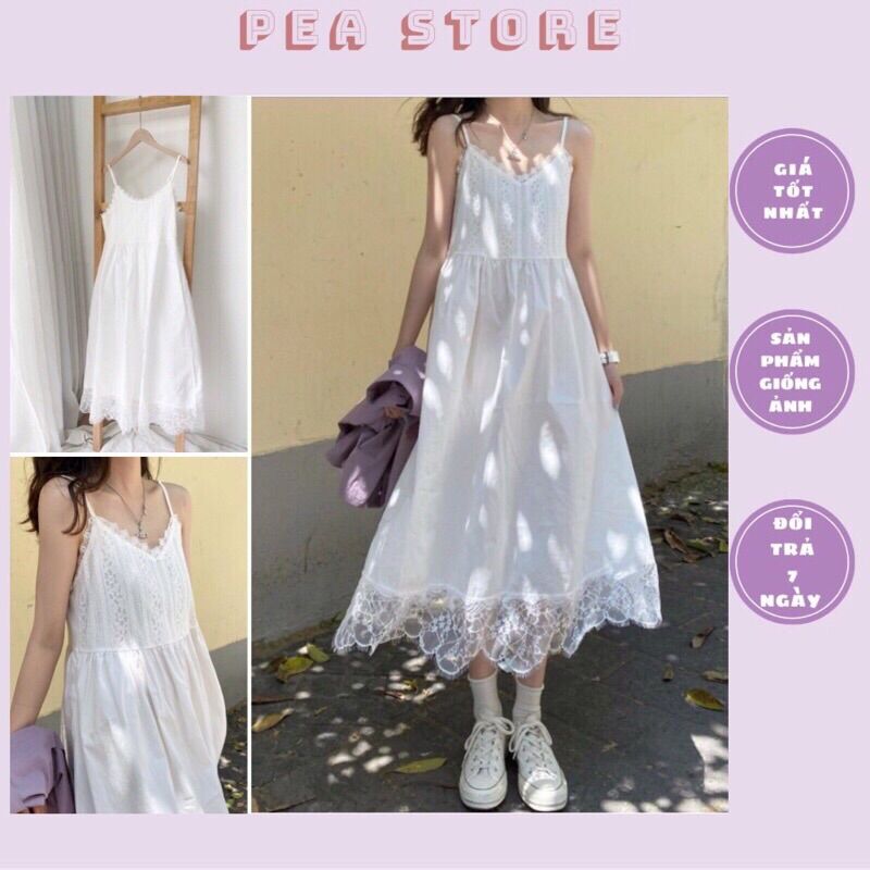 Váy 2 dây vintage phối ren trắng tiểu thư - Váy 2 dây dáng dài phối ren tiểu thư Pea Store.