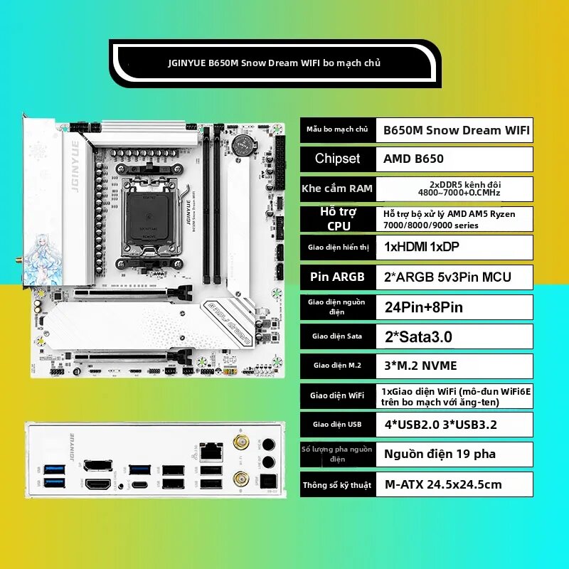 JGINYUE | JGINYUE B650M Snow Dream WIFI 6E Micro-ATX Gaming Bo Mạch Chủ DDR5 AM5 Hỗ Trợ R7 9800X3D/9700X/7800X3D RGB Máy Tính Để Bàn Ép Xung RGB Giá 6,204,000 Đồng*Miễn phí vận chuyển
