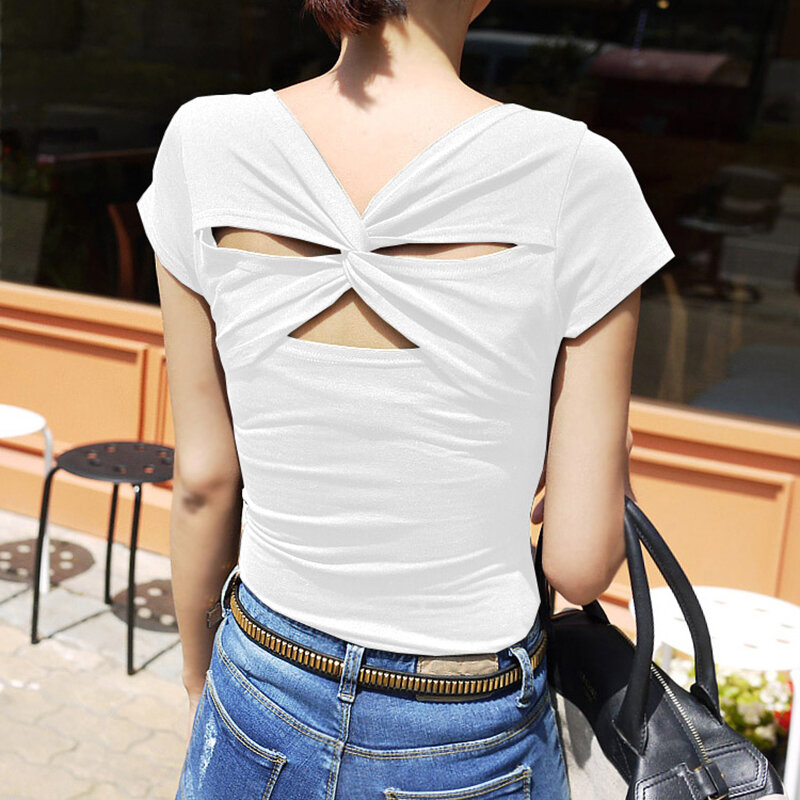 2021 Summer New Chicken Hearts V-neck T-shirt Large Size Women's Slim-Fit Short Sleeve Peach Collar Hollow Backless Top Bottoming Shirt Fashion