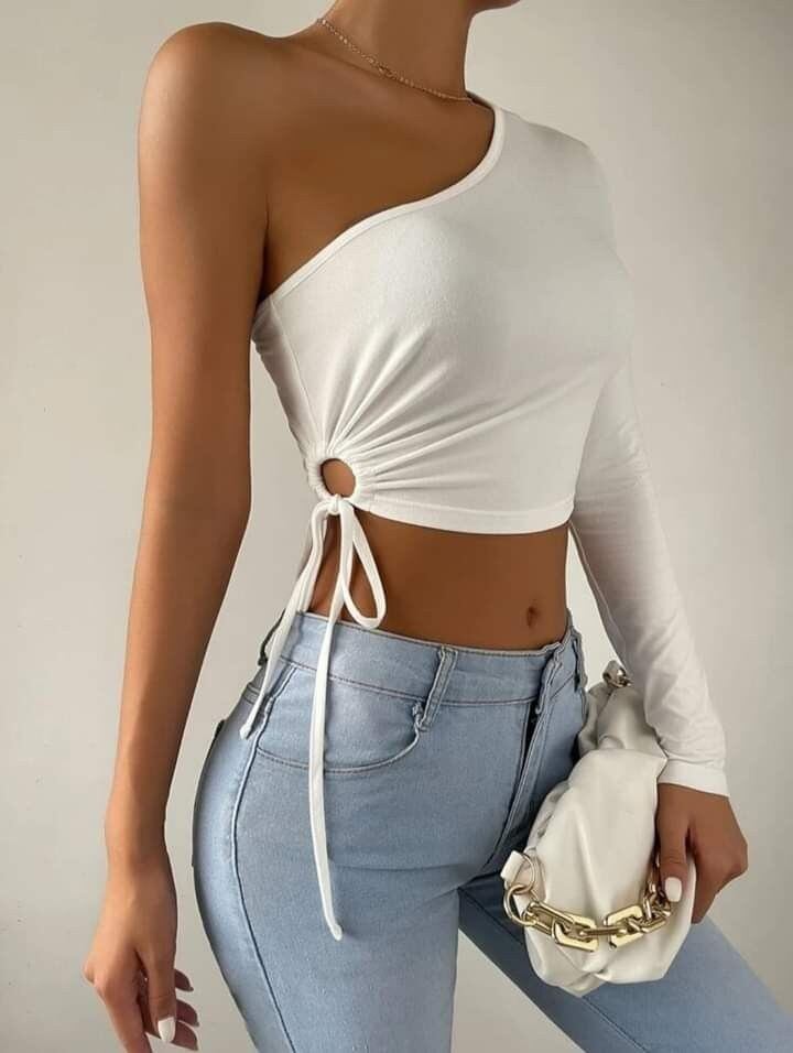 Áo croptop lệch vai tay dài rút dây eo