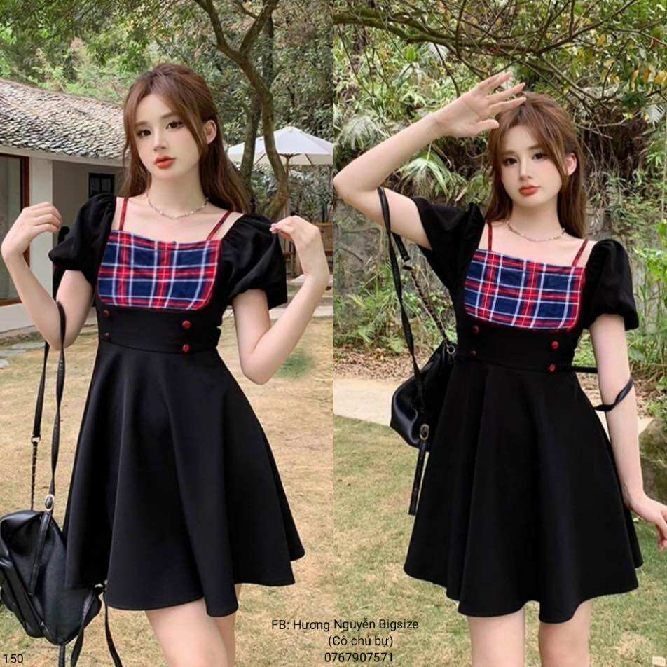 57-90kg bigsize đầm xoè phối caro xinh xắn