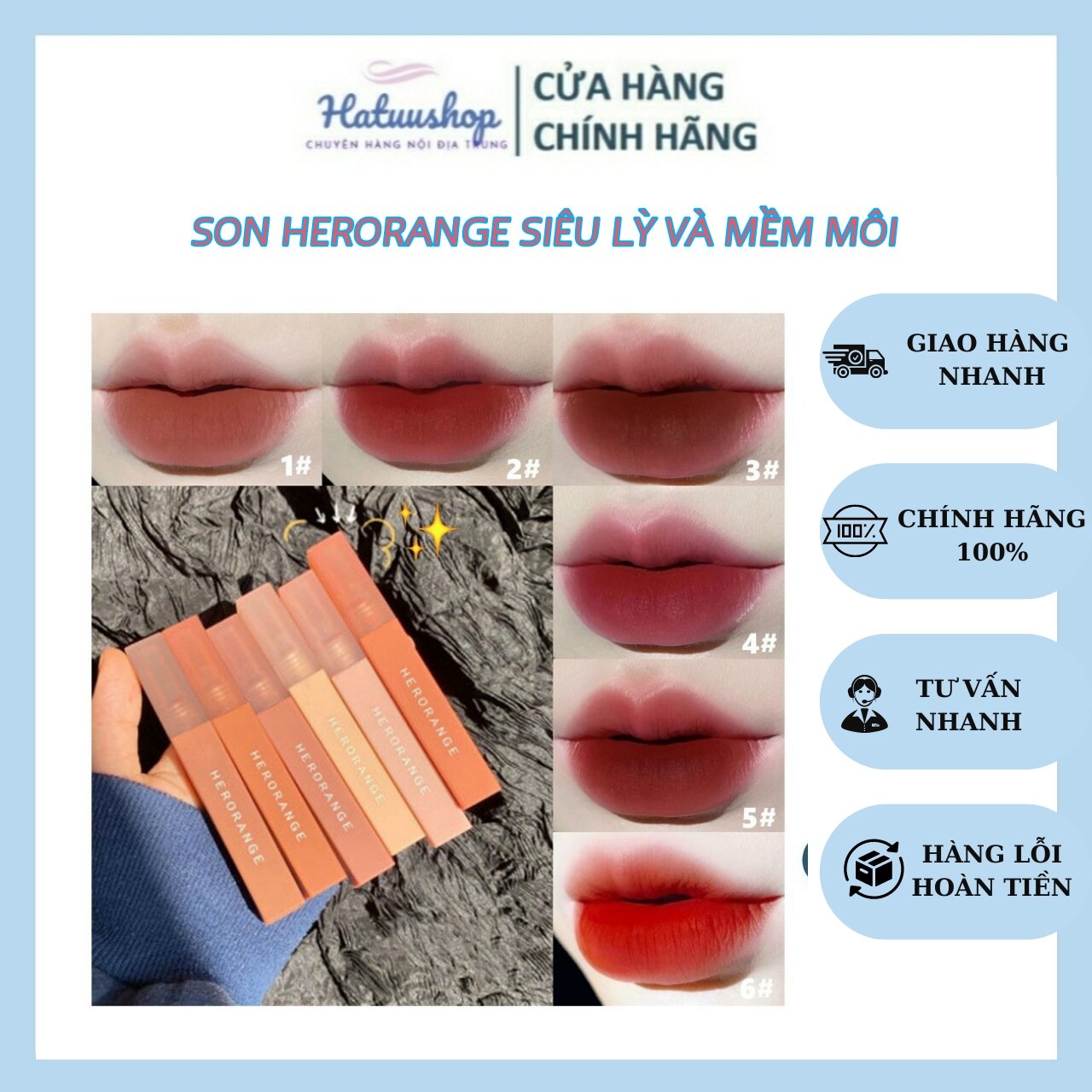 Son kem lỳ herorange mềm mịn như nhung, chống thấm nước không khô môi