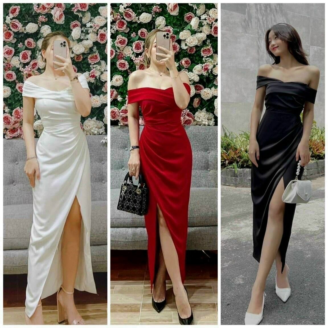 Đầm bẹt vai xẻ đùi xếp ly che khuyết điểm