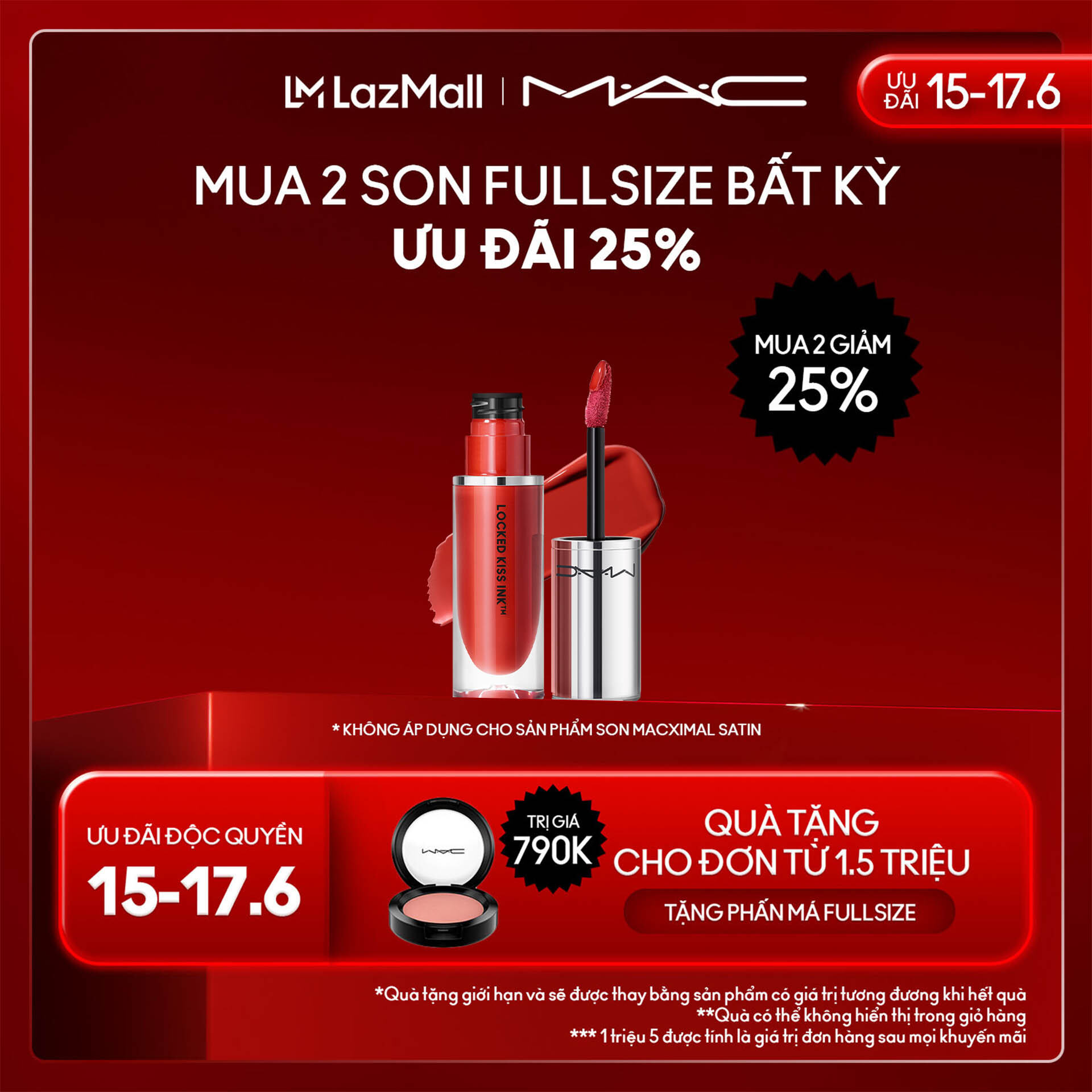 [ƯU ĐÃI 15-17.6] Son kem siêu lì Locked Kiss Ink 24H Lipcolour lên màu chuẩn sắc nhẹ môi và không trôi. 