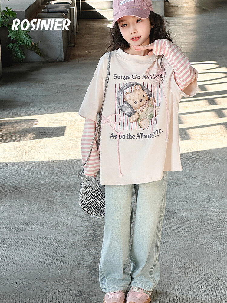 Spring Autumn Faux Two-Piece T-Shirt for Girls