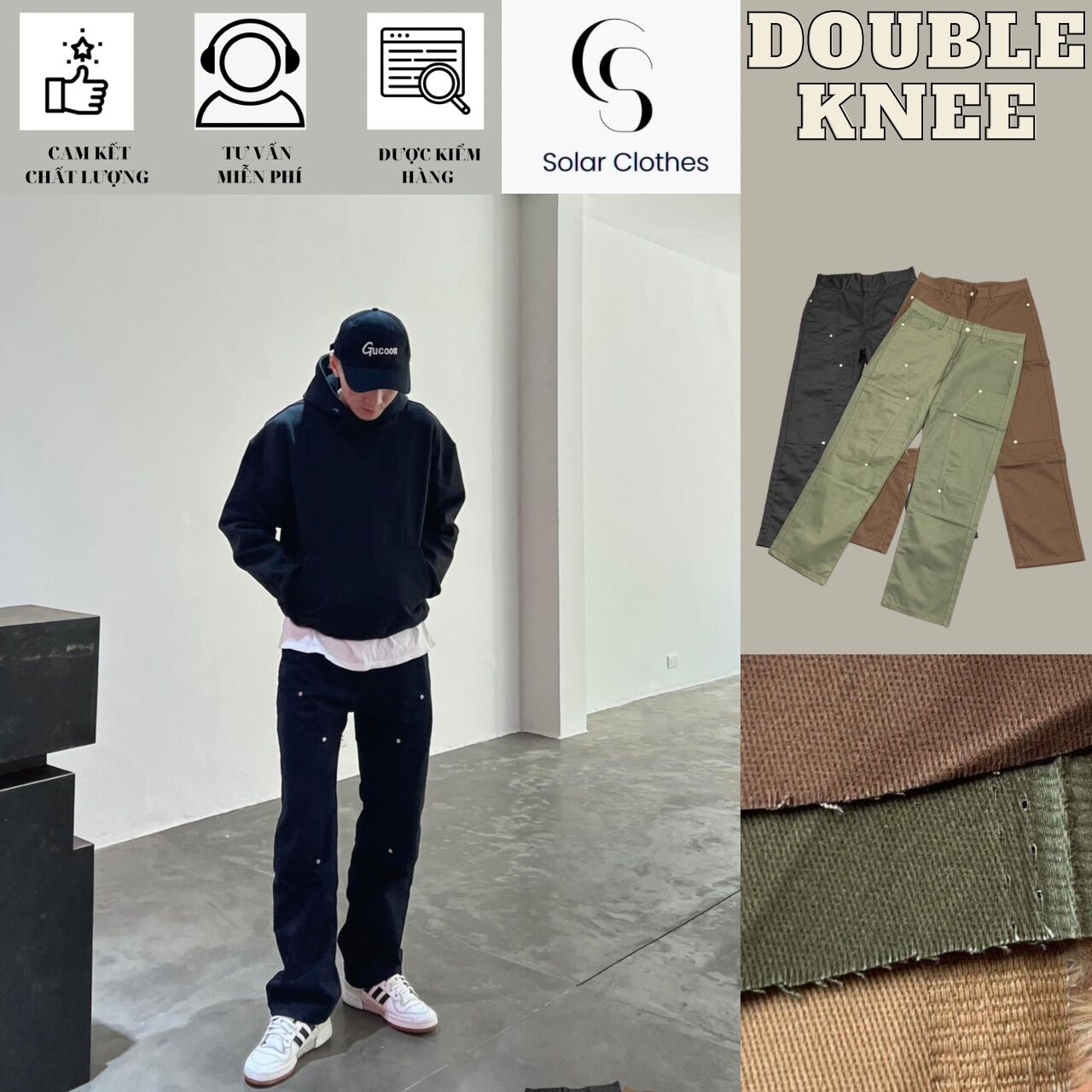 Quần Double Knee kaki túi hộp ống rộng, cargo pant dáng loe nhẹ
