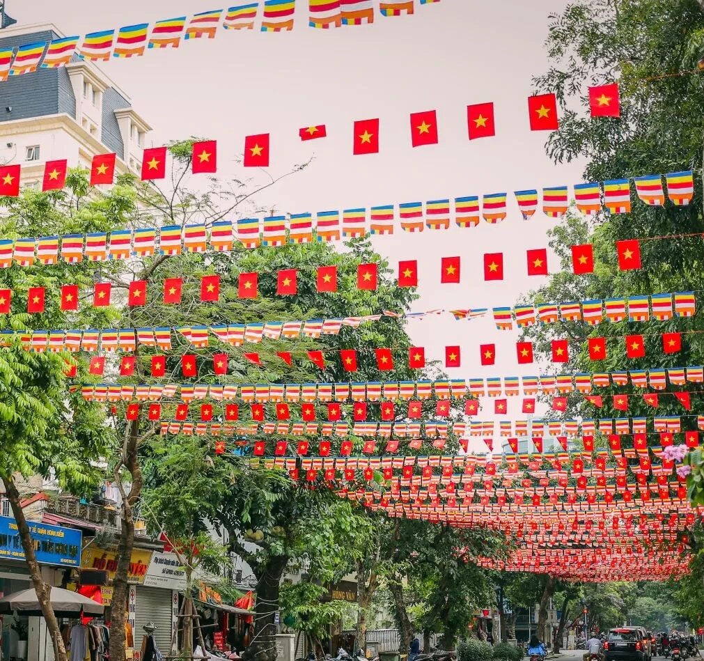Dây cờ Việt Nam gồm 20 lá cờ dài khoảng 6,5m cổ vũ đội tuyển bóng đá Việt Nam (Dải cờ trang trí - cờ dây)