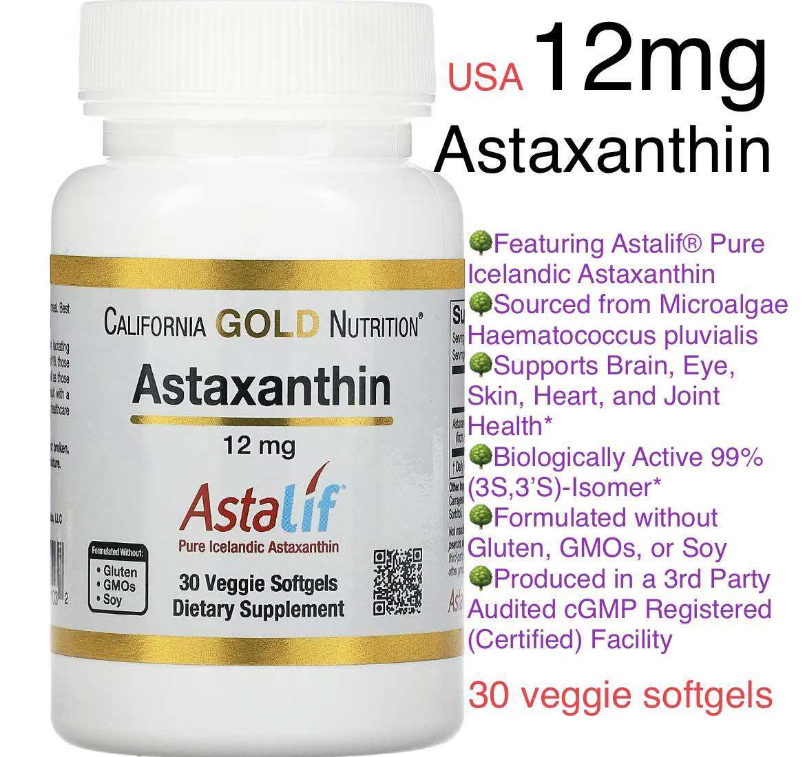 [Mỹ ] Viên Astaxanthin Astalif 12mg California Gold Nutrition 30 viên chống oxy hoá & tăng cường vẻ trẻ trung cho cơ thể