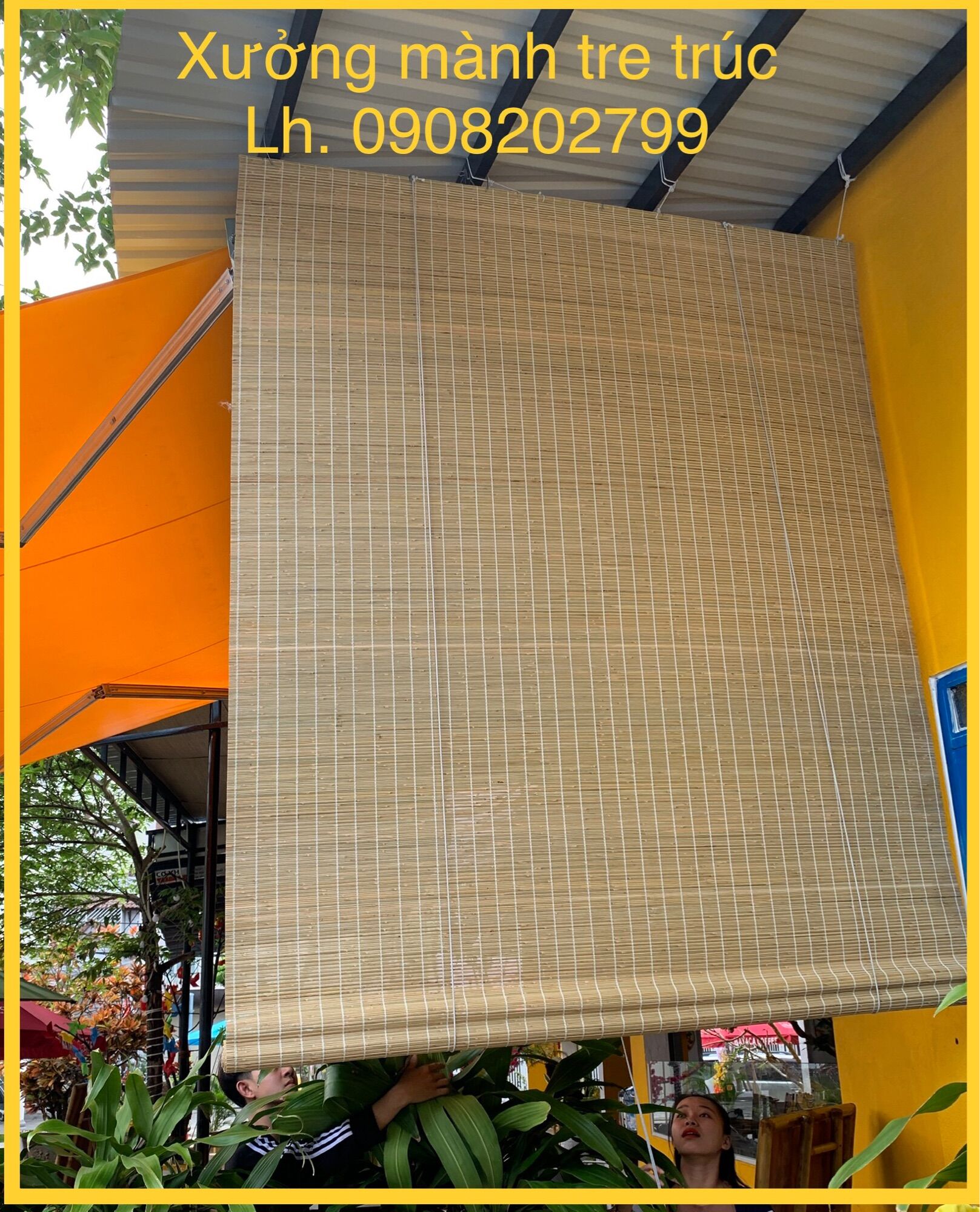 Mành tre che nắng Mái Hiên Cafe, mành trúc xanh che nắng Ban Công.