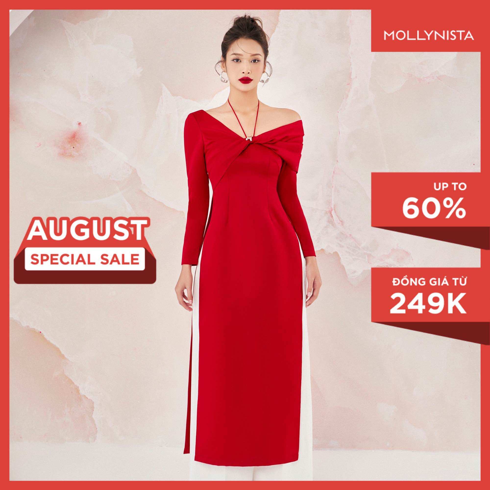 Mollynista áo dài thiết kế tết 2024 trễ vai