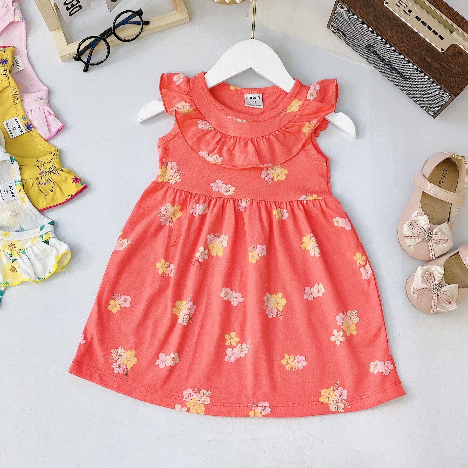 Váy thun cotton bèo cổ VNXK bé gái