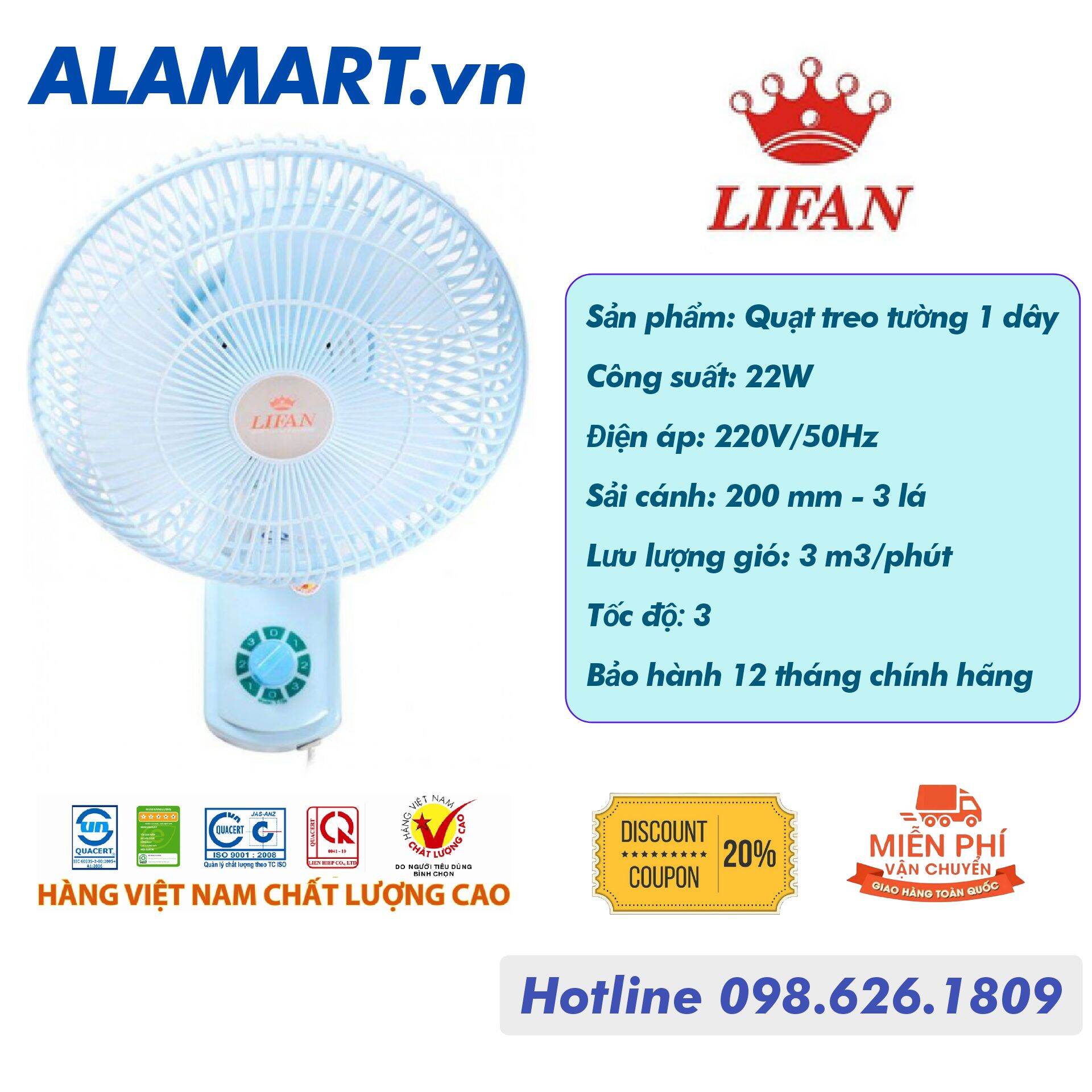 QUẠT TREO TƯỜNG LIFAN T-109 động cơ dây đồng sải cánh 20 cm hoạt động êm ái