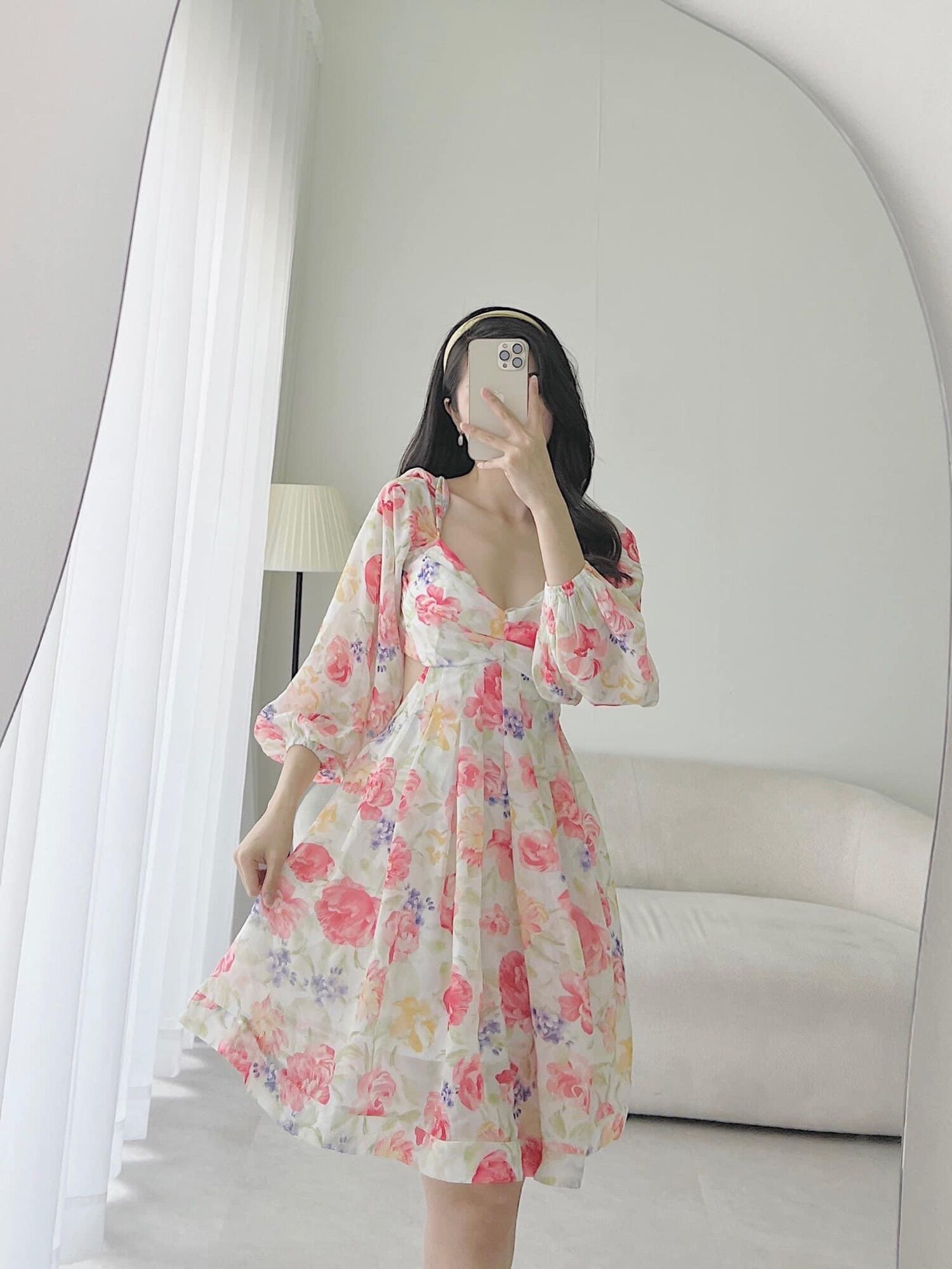 Đầm hoa nữ dự tiệc hở lưng, thắt nơ lưng sexy tay bồng bo chun