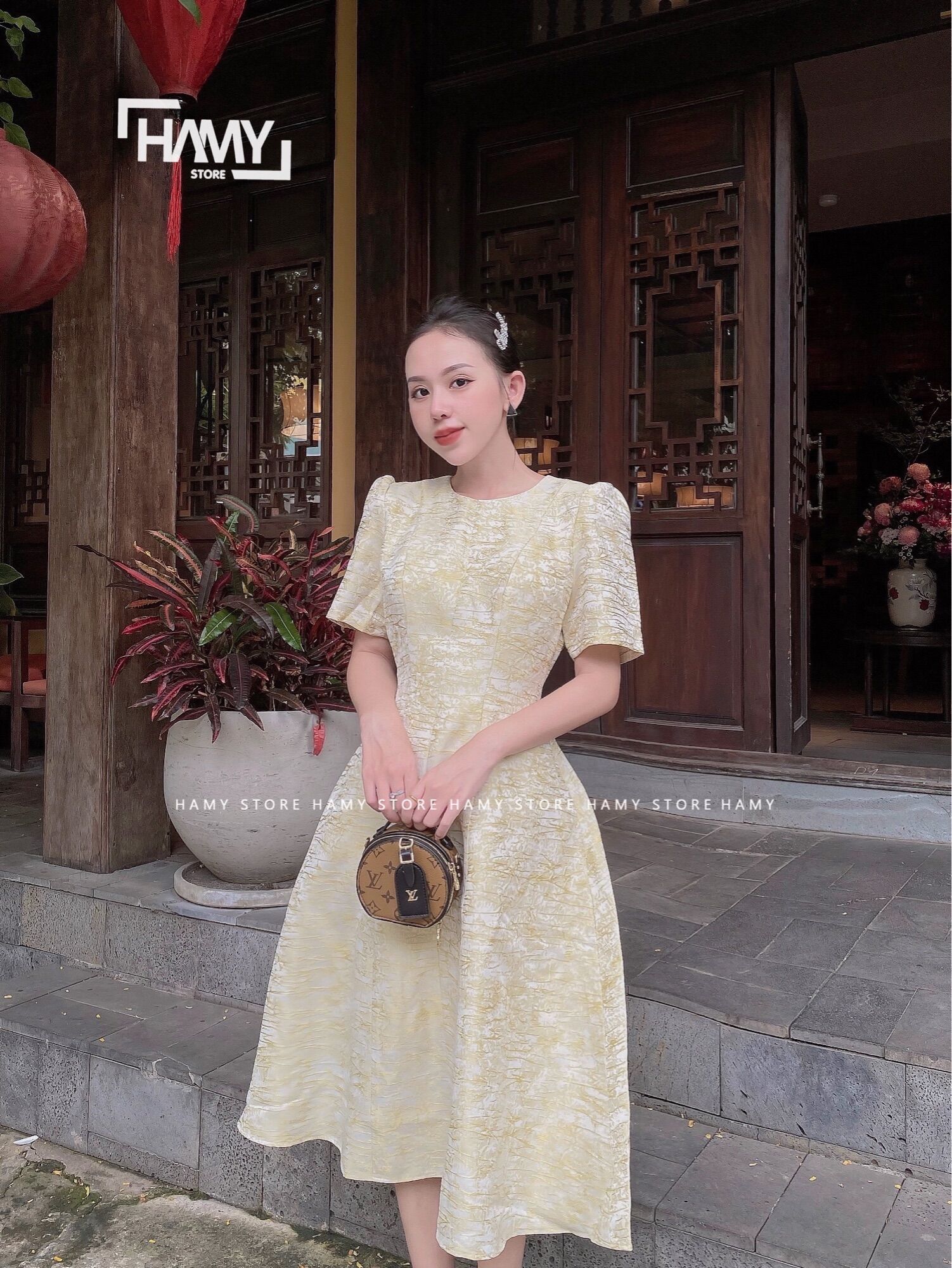 Đầm Tay Bồng Vải Gấm