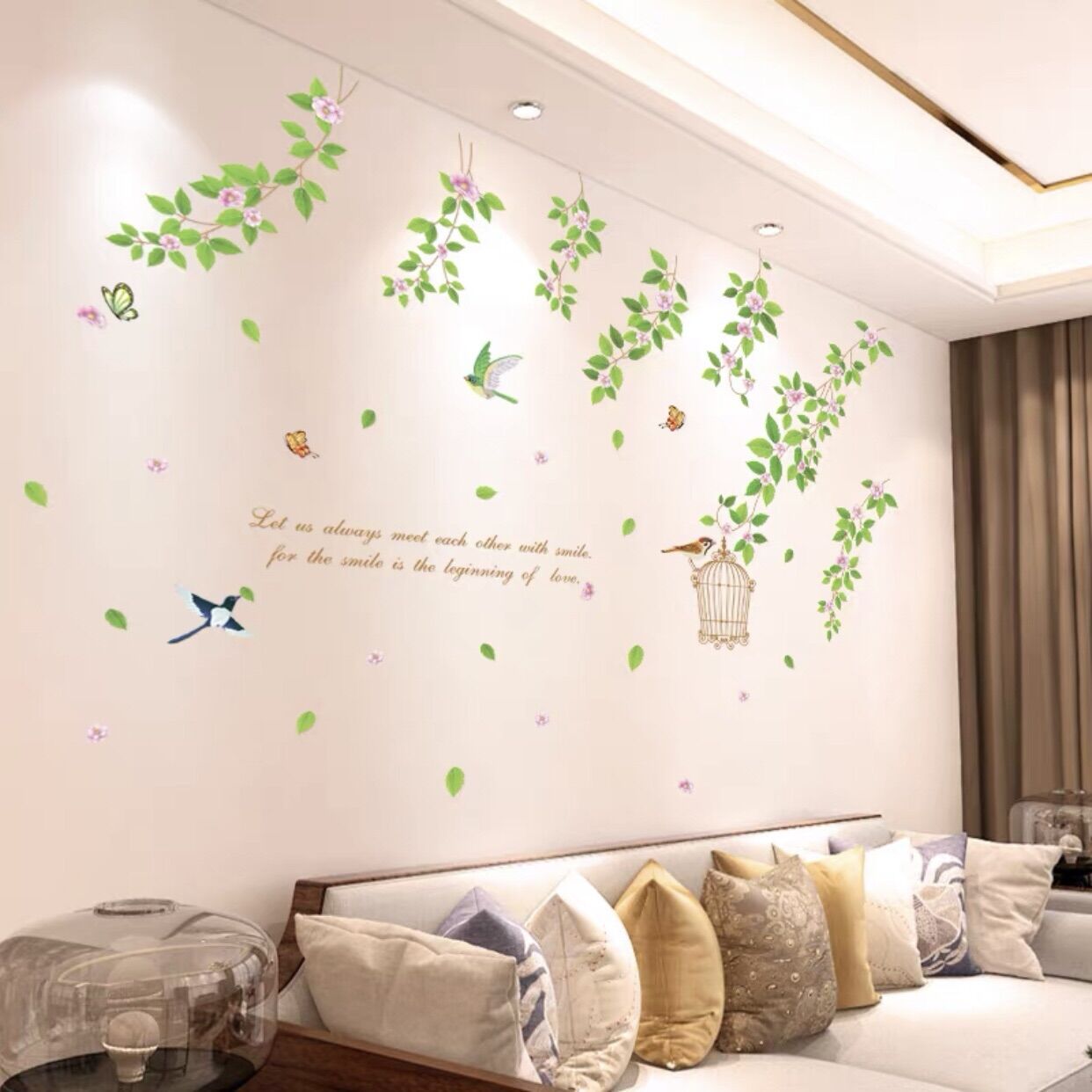 Tranh dán tường, Decal dán tường dây hoa và lồng chim