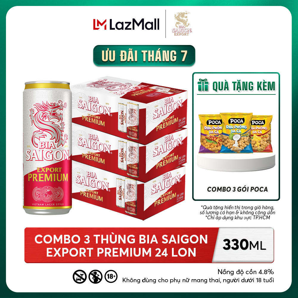 Nồng Độ Cồn 4.8% - Combo 3 Thùng 24 Lon Bia Sài Gòn Export Premium 330ml